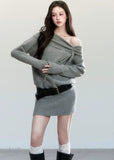 Fragileheart knit dress, off-shoulder wool dress, luxury Korean fashion, quiet luxury womenswear, grey sweater dress, pastel noir aesthetic, autumn knit outfit, elegant minimalist style, K-fashion 2025, refined feminine silhouette, soft draped neckline dress, cozy chic outfit, modern Korean fashion, sophisticated knitwear dress