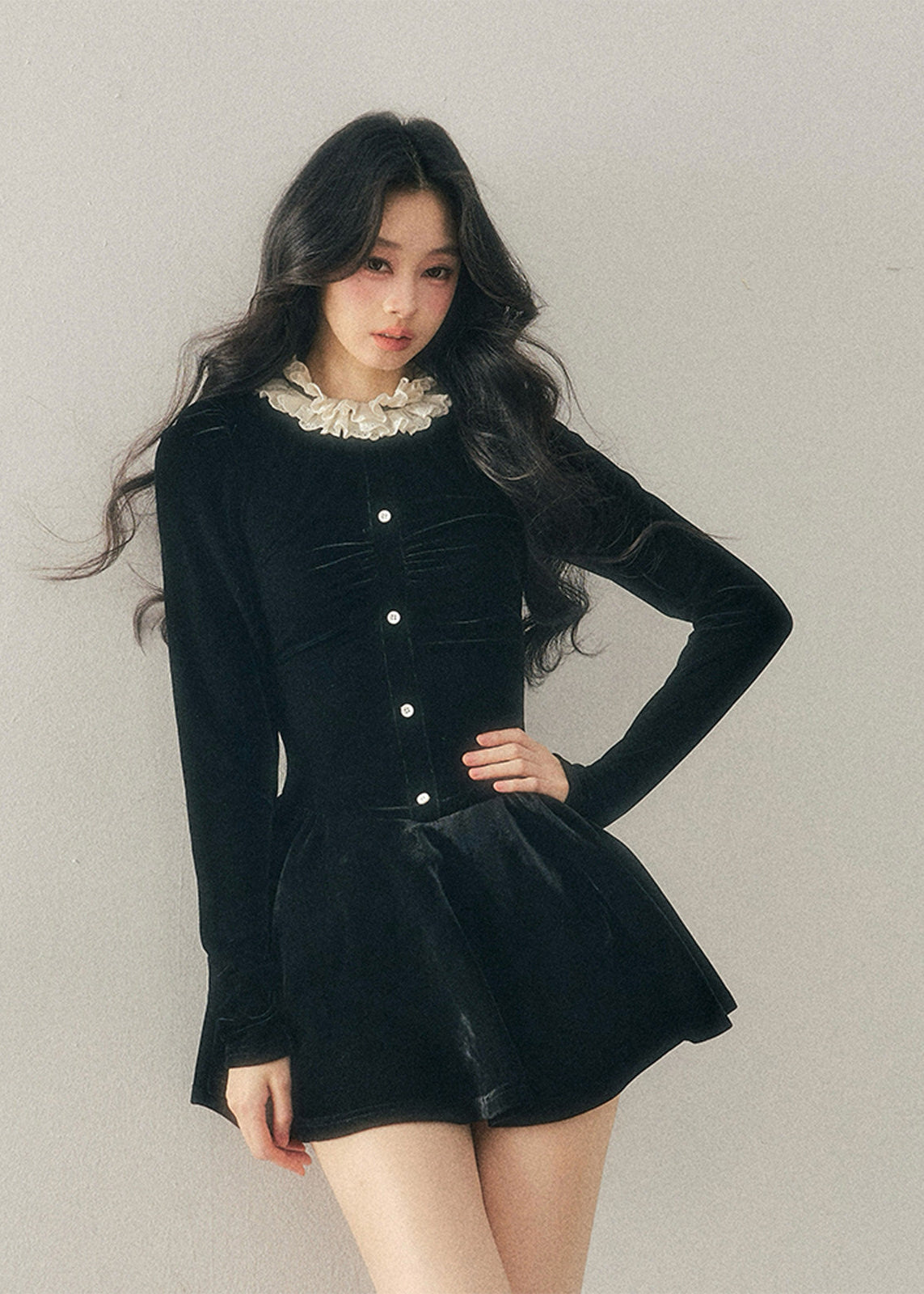 french lace mini dress, winter puff skirt dress, lace trim dress women, korean minimal dress, elegant winter mini dress, refined women dress, frill collar dress, feminine winter outfit, premium women dress, aomalm dress style, understated luxury clothing, modern french style dress, winter fashion women dress, structured mini dress, calm elegant dress