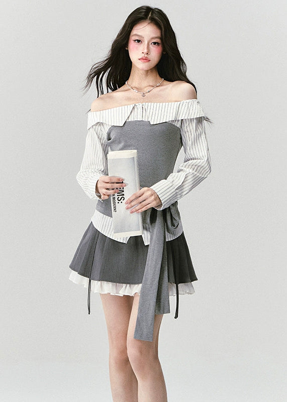 Fragileheart off-shoulder blouse, grey patchwork top, asymmetric layered shirt, luxury Korean fashion, elegant autumn outfit, quiet luxury style, pastel noir aesthetic, K-fashion 2025, structured feminine top, intellectual modern look, pre-fall womenswear, romantic Korean blouse, soft grey knit shirt, delicate tailored outfit