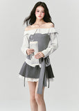 Fragileheart off-shoulder blouse, grey patchwork top, asymmetric layered shirt, luxury Korean fashion, elegant autumn outfit, quiet luxury style, pastel noir aesthetic, K-fashion 2025, structured feminine top, intellectual modern look, pre-fall womenswear, romantic Korean blouse, soft grey knit shirt, delicate tailored outfit