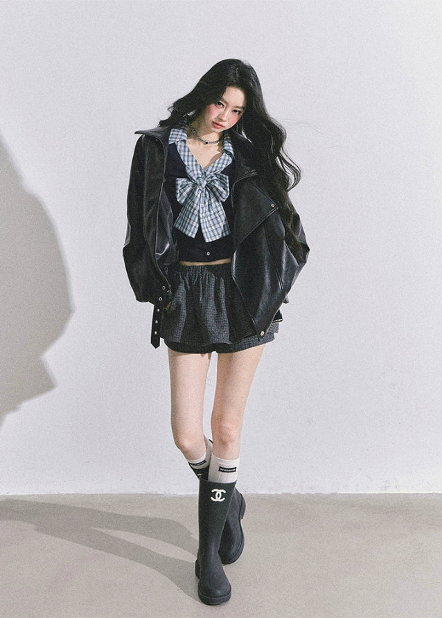 plaid bow top, faux two piece top, layered knit blouse, Korean style bow shirt, American prep knit top, plaid ribbon top, autumn slimming top women, trendy Korean American fashion, cute bow knit, campus girl outfit, elegant faux two piece shirt, plaid bow aesthetic top, boutique bow blouse, prep style knitwear