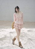 Blush pink lace blouse and ruffle mini skirt two-piece set