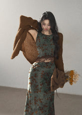 Moss green floral maxi dress with delicate lace waist panel