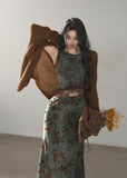 Moss green floral maxi dress with delicate lace waist panel