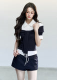 fragileheart top, korean collegiate top, faux two piece shirt, tie waist shirt top, preppy korean fashion, layered knit shirt, feminine campus top, korean preppy blouse, slim collar top, cute korean outfit, campus style shirt, soft girl fashion top