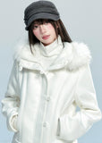 Fragileheart suede cropped coat, fur hooded jacket, luxury Korean fashion, quiet luxury outerwear, winter short coat, pastel noir aesthetic, elegant slim-fit jacket, K-fashion 2025, ivory and black coat, feminine winter outfit, soft suede outerwear, modern Korean fashion, stylish cropped jacket, warm winter coat
