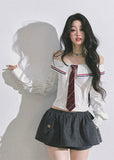 off shoulder striped shirt women, korean style off shoulder top, seoul fashion blouse, long sleeve bardot striped top, cute commuter top women, korean american street style shirt, preppy stripe blouse, autumn slim fit top women, trendy off shoulder blouse, pinstripe bardot top, school girl aesthetic top