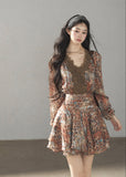 Floral chiffon mini dress with lace V-neck detail