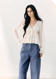 Women’s loose blue twill pants in 100% cotton