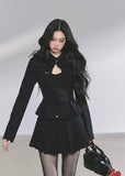 korean pleated skirt set women, korean suit skirt two piece, french style black skirt outfit, seoul chic tailored suit set, korean luxury blazer skirt set, korean elegant black suit outfit, hot girl pleated skirt fashion, modern korean business casual, korean preppy skirt set, french minimalist two piece women, seoul fashion autumn outfit, korean feminine formalwear, black two piece set women, kfashion black pleated skirt, elegant korean office outfit