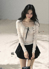aomalm top set, lace cardigan and cami set, korean lace top, feminine summer top, french lace cropped top, ribbon bow cami top, romantic two piece top, ivory lace cardigan, square neck cami set, korean fashion top set, delicate lace summer outfit, layered lace top women