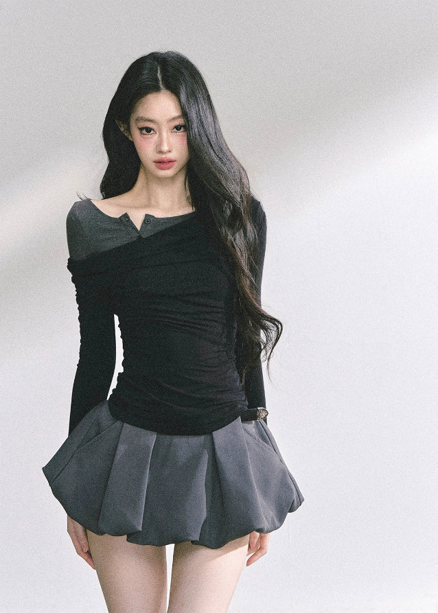 korean off shoulder top, korean fake two piece long sleeve, korean street fashion top women, seoul hot girl outfit, slim waist long sleeve top, korean fall fashion blouse, off shoulder wrap knit top, kfashion minimalist street top, korean aesthetic long sleeve shirt, trendy korean fall outfit, modern korean off shoulder design, slim fit off shoulder top women, layered illusion fashion top, korean street chic fashion, seoul inspired minimalist blouse