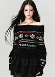 Fragileheart knit sweater, off-shoulder Fair Isle top, rose jacquard knitwear, luxury Korean fashion, Parisian romantic sweater, quiet luxury winter style, pastel noir aesthetic, elegant black knit top, K-fashion 2025, feminine winter outfit, cozy off-shoulder pullover, soft romantic fashion, vintage rose sweater, delicate feminine knit
