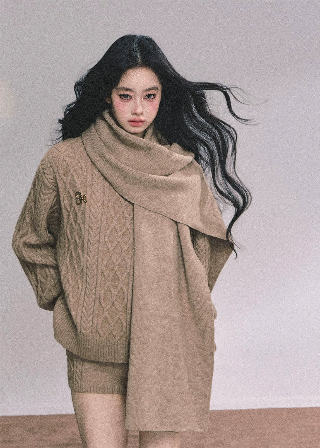 knit set, 3 piece knit set, cable knit sweater, cable knit shorts, knit scarf set, winter knit outfit, cozy knit loungewear, Korean style knit set, Korean fashion knitwear, oversized sweater set, fall winter knitwear, casual knit matching set, warm knitted outfit women, street style knit set, French chic knitwear, soft knit sweater, knit shorts outfit, scarf sweater set women, aesthetic knit outfit