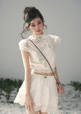 aomalm set, lace two piece set, white crop top skirt set, korean feminine set, french lace outfit, romantic summer set, lace mini skirt set, early summer outfit, feminine korean fashion, white lace top, garden style outfit, summer skirt set