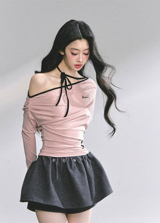 korean halterneck top, korean off shoulder top, hot girl pink top, korean streetwear women, autumn long sleeve halter shirt, korean slim fit t shirt, seoul fashion top, kfashion off shoulder shirt, pink halter knit top, korean style cute top, off shoulder long sleeve korean, hot girl fall outfit, ribbon neck korean top, slim waist korean tee, soft pink korean fashion