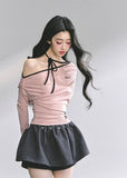 korean halterneck top, korean off shoulder top, hot girl pink top, korean streetwear women, autumn long sleeve halter shirt, korean slim fit t shirt, seoul fashion top, kfashion off shoulder shirt, pink halter knit top, korean style cute top, off shoulder long sleeve korean, hot girl fall outfit, ribbon neck korean top, slim waist korean tee, soft pink korean fashion
