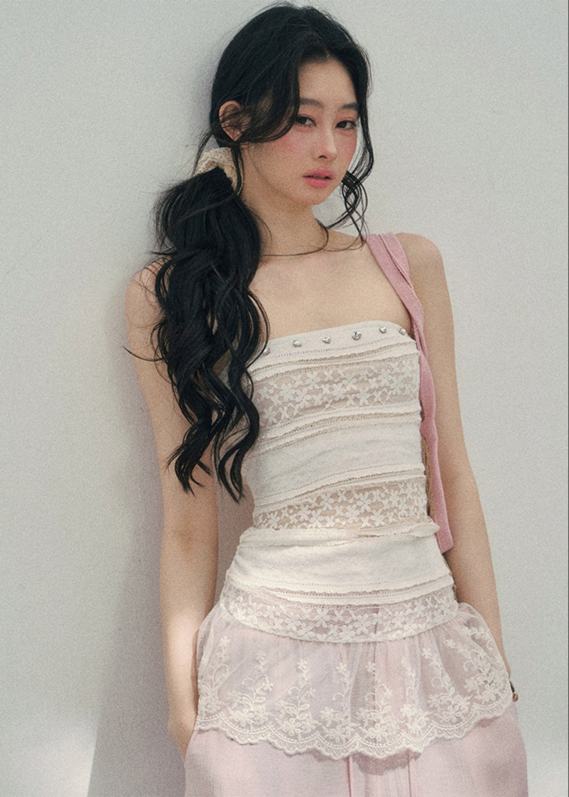 aomalm top, lace summer top, feminine korean top, peplum lace top, slim fit lace blouse, romantic summer top, sheer lace top women, korean fashion blouse, blush lace camisole, elegant summer outfit, soft girl summer top, fitted lace top women