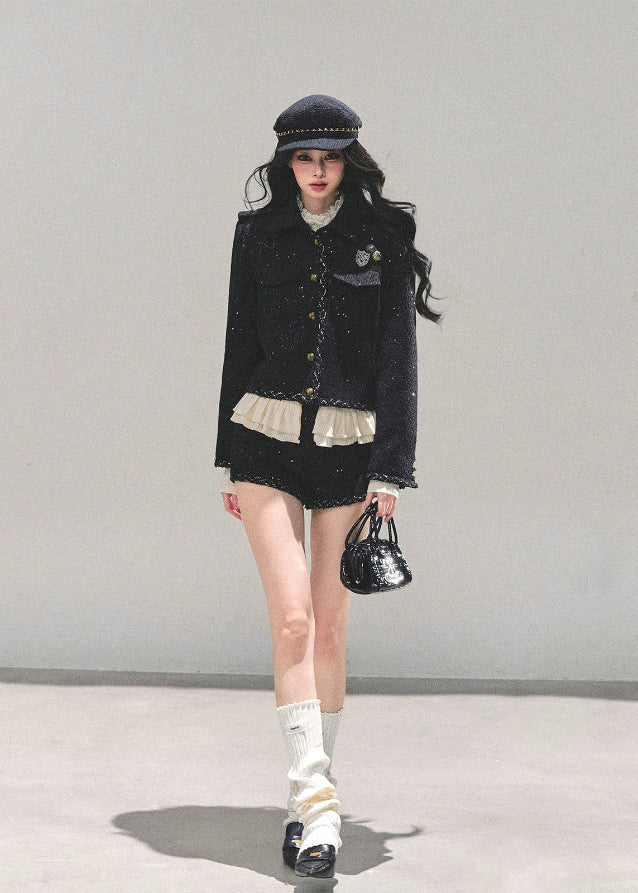 black tweed set women, winter three piece suit, rich daughter tweed outfit, noir tweed jacket and shorts, winter shorts set women, elegant tweed three piece, korean tweed fashion fw25, luxe black winter set, preppy tweed shorts suit