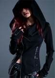 dark punk hooded jacket, asymmetrical zip hoodie women, frustration garden jacket, edgy black knit jacket, gothic slim hooded top, deconstructed hood coat, punk streetwear zip jacket, long sleeve asym hoodie women, dark fashion hoodie, underground street goth jacket