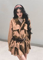 suede shirt dress women, faux two piece dress, brown cowhide dress, lace hem mini dress, autumn winter shirt dress, american suede style dress, browncore skirt dress, fw25 suede outfit, rustic suede mini dress, cutwork lace dress women