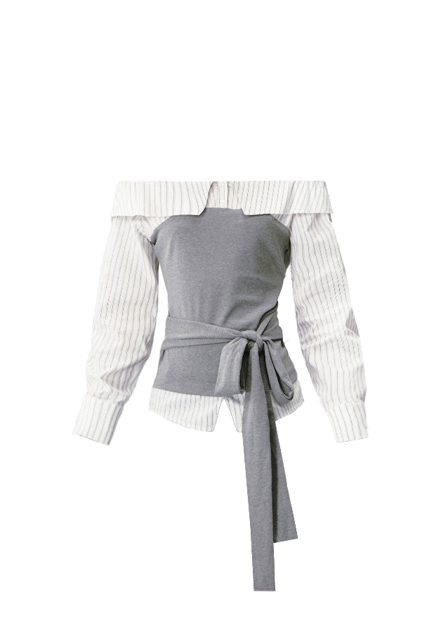 Fragileheart off-shoulder blouse, grey patchwork top, asymmetric layered shirt, luxury Korean fashion, elegant autumn outfit, quiet luxury style, pastel noir aesthetic, K-fashion 2025, structured feminine top, intellectual modern look, pre-fall womenswear, romantic Korean blouse, soft grey knit shirt, delicate tailored outfit