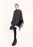 VOCK, y2k fashion, Korean style sweater, fringe cape sweater, knit shawl top, high neck poncho, asymmetric sweater, gothic knitwear, winter kawaii fashion, edgy streetwear top, Korean winter outfit, aesthetic dark fashion, high collar knit, poncho sweater women, irregular hem sweater, trendy winter tops women, Seoul fashion knit