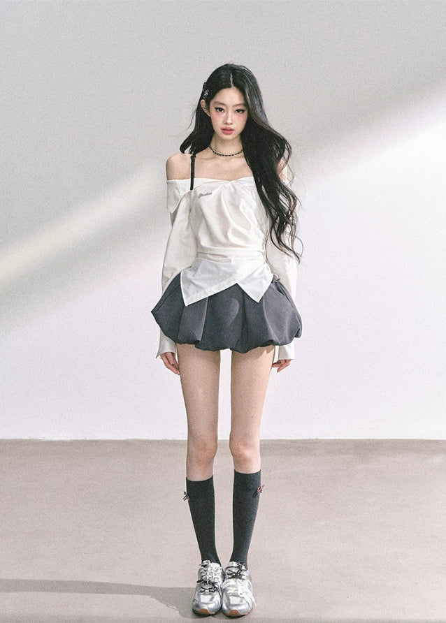 korean off shoulder long sleeve top, french drape blouse women, fake two piece asymmetrical top, korean autumn fashion top women, off shoulder plaid shirt top, elegant french style blouse, korean streetwear chic outfit, trendy korean top long sleeve, asymmetrical draped top women, hot girl fashion blouse korea, korean minimal chic outfit, seoul fashion top autumn, off shoulder slim fit shirt, korean preppy plaid shirt, london style korean top women