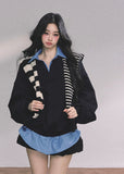 oversize sweatshirt women, layered polo sweatshirt, fake two piece top, Korean preppy style top, American college style pullover, fall winter oversized top, blue layered sweatshirt, preppy polo collar top, Korean fashion women tops, streetwear layered sweatshirt, oversized polo sweater, womens autumn casual tops