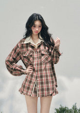 AOMALM plaid shirt skirt set, French romantic British style outfit, feminine plaid twinset women, Korean elegant spring two piece set, quiet luxury vintage plaid ensemble, Parisian inspired plaid shirt outfit, romantic Korean French aesthetic clothing, cafe tone plaid outfit women, refined luxury womenswear twinset, feminine British style check skirt set, elegant spring plaid fashion, soft romantic plaid shirt women, luxury Korean designer inspired outfit, vintage romantic spring ensemble