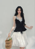 AOMALM lace twinset, French romantic knit set, lace inner top cardigan, feminine V-neck knitwear, Korean elegant spring outfit, layered lace blouse set, quiet luxury womens knit, Parisian style cardigan set, delicate lace camisole top, romantic spring knitwear women, soft feminine twinset outfit, refined Korean fashion top set, elegant two piece knit ensemble, lace trim V-neck blouse, feminine layered fashion look, spring luxury knit cardigan, French Korean aesthetic clothing, romantic lightweight knit set,