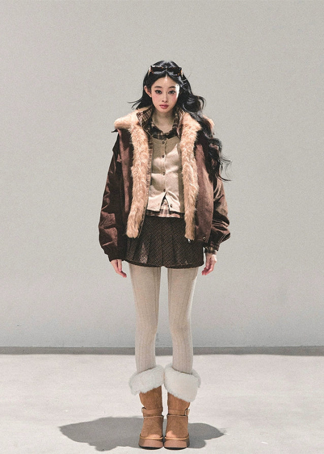 brown padded jacket women, faux two piece jacket, plaid layered coat, thickened winter jacket, american style cotton coat, fur trim autumn jacket, warm winter outerwear women, padded plaid jacket, korean vintage winter coat, fw25 fashion