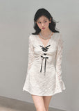 lace mini dress, French style dress, winter lace dress, corset ribbon dress, A-line puffy dress, royal sister style, elegant white dress, holiday party dress, winter date outfit, lace-up V-neck dress, Korean feminine dress, AOMALM dress, long sleeve lace dress, cute winter mini dress, luxury lace fashion, feminine winter outfit, trendy Korean dress, lace flare sleeve dress, puff hem dress, aesthetic white dress