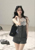 Gray lace-panel top and shorts set