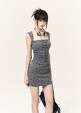 Gray star print bodycon dress styled with black flats and a shoulder bag