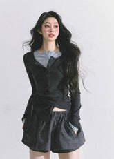 layered long sleeve top, fake two piece shirt, double layer tee, Korean fashion top, Korean-American street style, fitted long sleeve shirt, waist slimming top, hot girl aesthetic top, two tone collar top, casual layered tee, slim fit autumn top, trendy Korean tops for women, schoolgirl style top, aesthetic streetwear top, fall fashion womens tops, Y2K layered style, chic long sleeve shirt, boutique fashion tops, modern layered knit top