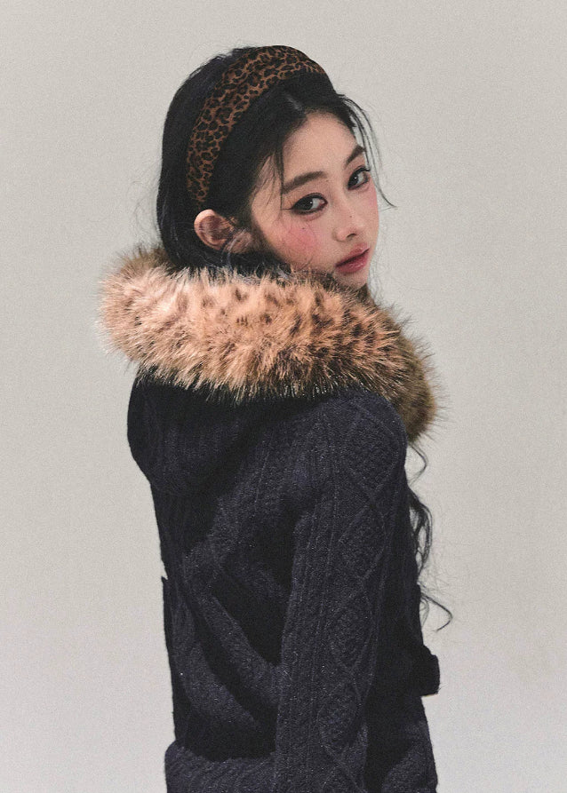 fur hood knit cardigan, black winter knit coat, twist sleeve knit top, hooded zip cardigan women, korean winter knit jacket, faux fur trim knitwear, long sleeve warm knit coat, fw25 street fashion knit, winter hooded sweater women
