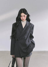 double breasted blazer women, vintage Hepburn blazer, oversized tailored jacket, French style blazer, Korean fashion blazer, structured black coat women, autumn winter blazer, elegant office blazer, street style oversized jacket, minimalist chic blazer, Miu inspired blazer, Parisian fashion top, premium tailored coat women