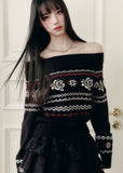 Fragileheart knit sweater, off-shoulder Fair Isle top, rose jacquard knitwear, luxury Korean fashion, Parisian romantic sweater, quiet luxury winter style, pastel noir aesthetic, elegant black knit top, K-fashion 2025, feminine winter outfit, cozy off-shoulder pullover, soft romantic fashion, vintage rose sweater, delicate feminine knit