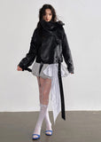 JNYLON faux leather jacket women, Korean stylish leather outerwear, stand collar PU jacket Korean fashion, edgy ruffle leather jacket women, modern Korean street chic jacket, oversized faux leather biker jacket women, trendy Korean fashion outerwear, playful structured leather jacket, chic Korean style faux leather coat, statement urban fashion jacket women