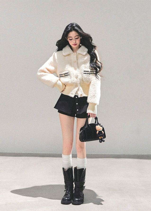 korean plush jacket women, cream wool padded coat, thickened winter jacket, skinny fit winter top, ivory fluffy jacket, warm padded sweater coat, fw25 korean fashion, soft plush winter coat, wool blend padded top, winter korean outerwear