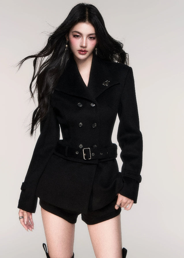 LuluSwings black wool jacket, waist cinched short coat, detachable hem wool jacket, Korean stylish outerwear, sassy wool short coat, modern city girl jacket, sculpted waist wool coat, black chic wool jacket, trendy short winter coat, convertible wool jacket, feminine silhouette outerwear, AW Korean fashion coat women