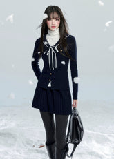 Fragile Heart navy knit top, bow tie sweater, sailor collar knit blouse, Korean girly knitwear, feminine ribbon sweater, waist-slim knit top, soft waxy knit shirt, pretty navy bow top, winter Korean romantic sweater, cute preppy knit blouse, AW feminine soft knit top