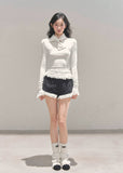 AOMALM top, Korean style knit top, fungus ruffle hem, bow lace T-shirt, winter feminine top, lace cuff long sleeve, soft knit blouse, aesthetic Korean fashion, winter layering top, slim fit tee women, elegant knitwear, ruffle lace shirt, cute winter tops, Korean girl outfit, soft girl aesthetic top, feminine long sleeve tee, winter fashion 2025, trending Korean tops, lace trim sweater top, chic bow neck shirt, romantic knit top.