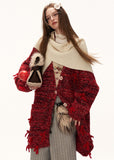 oversized knit jacket women, red chunky cardigan, y2k knit sweater jacket, mixed yarn knit top, loose fit winter sweater, street style knitwear women, midi length cardigan, fashion statement sweater, bow button knit jacket, trendy autumn winter knit, mamc knit style, cozy oversized sweater, high fashion street knit, casual winter cardigan, y2k fashion sweater