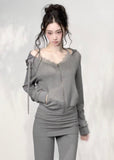 Women's cropped zip hoodie with delicate lace detailing and pockets