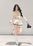 preppy knit set women, winter cardigan skirt set, cable knit two piece outfit, ivory knitted suit, soft girl winter set, preppy mini skirt outfit, fw25 knit twinset, korean winter fashion two piece, warm knit skirt set women