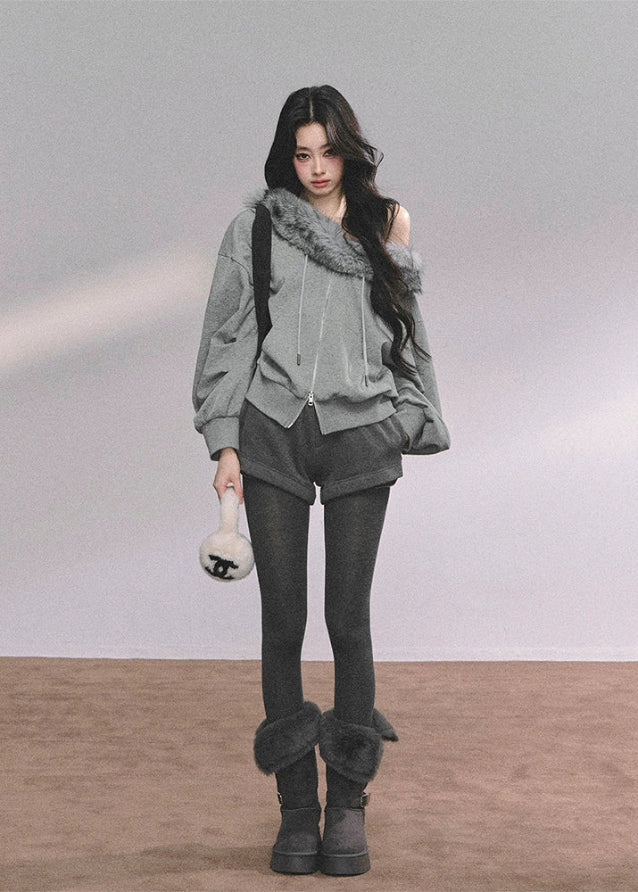 fur trim sweatshirt set, off shoulder hoodie set, winter two piece outfit, faux fur collar hoodie, Korean fashion sweat set, winter streetwear women, cozy fur hoodie, trendy winter shorts set, American college style outfit, Nordic winter fashion, warm casual two piece, stylish winter loungewear, cute fur trim top, off shoulder winter sweater, womens winter sporty set