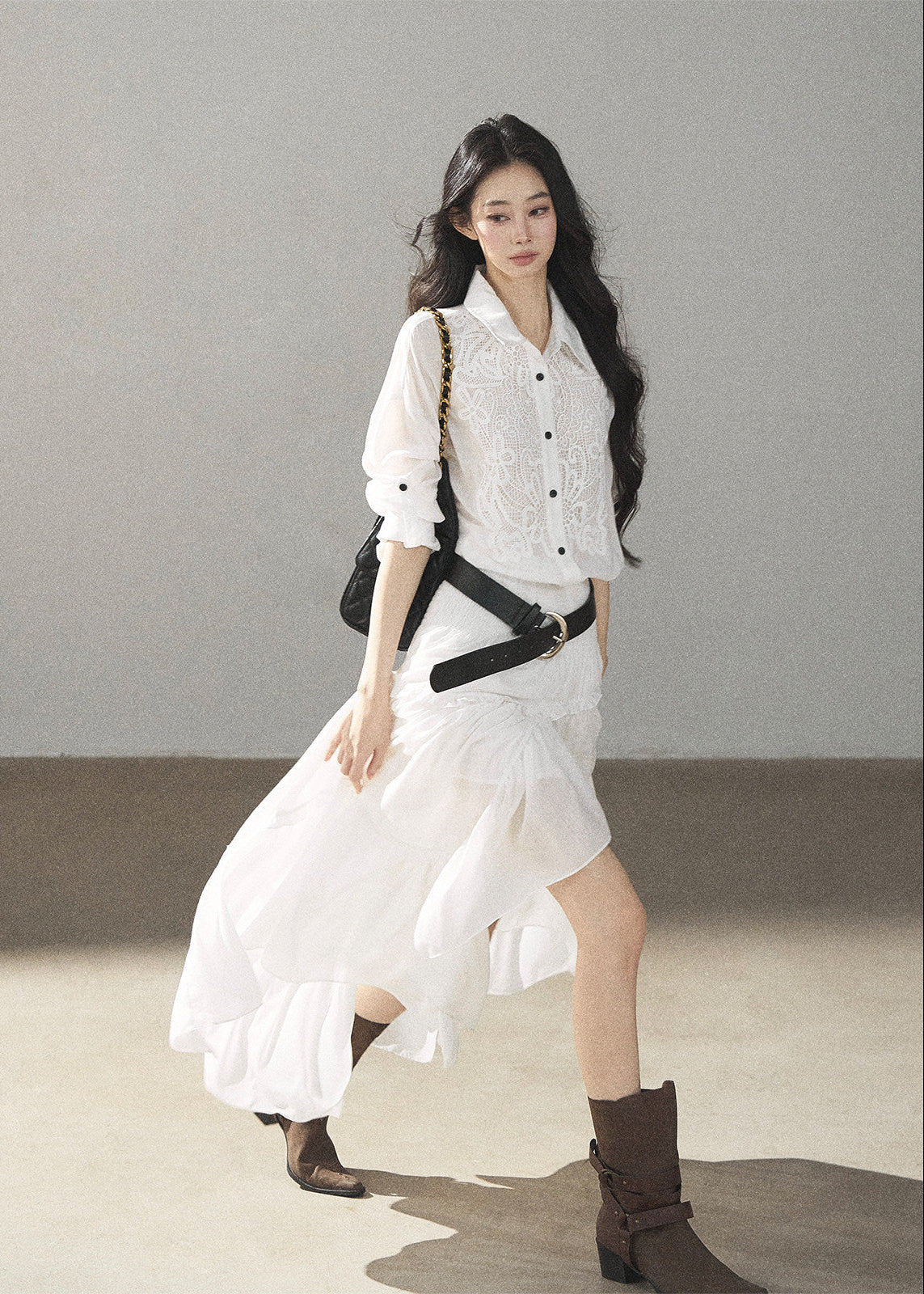 White collared shirt dress with flowing lace skirt
