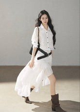 White collared shirt dress with flowing lace skirt